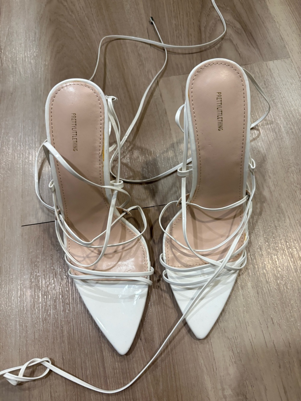 PrettyLittleThing White Strappy Lace-Up Pointed Toe Heels